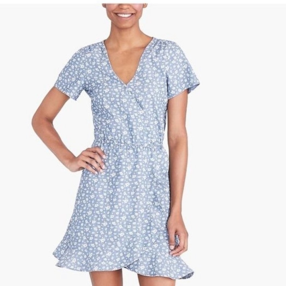 J.Crew Mercantile Sz M Blue Floral Faux Wrap Ruffle Cottage Core Mini Dress - Picture 5 of 13
